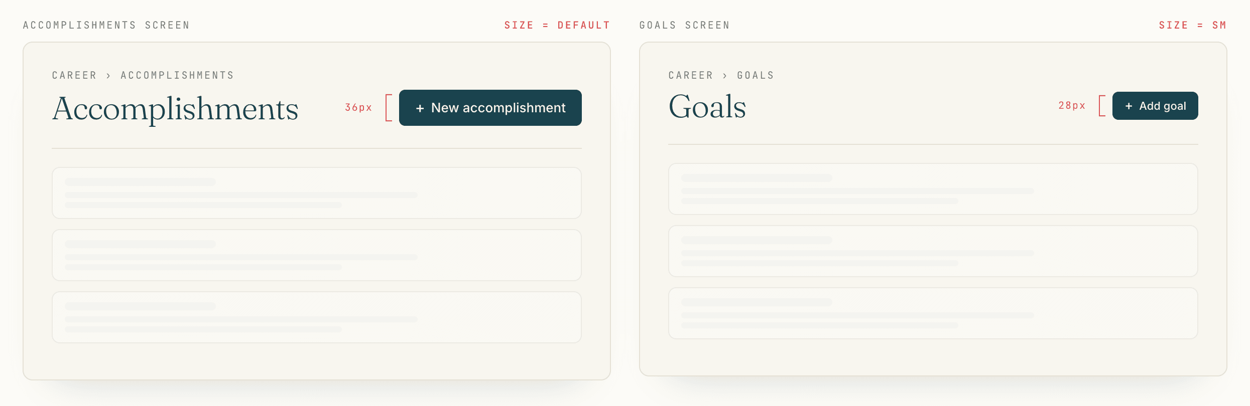 Side-by-side capture of two page headers from the olllo app: Accomplishments with size=default (36px) on the left, Goals with size=sm (28px) on the right, both rendered from the same canonical pattern.