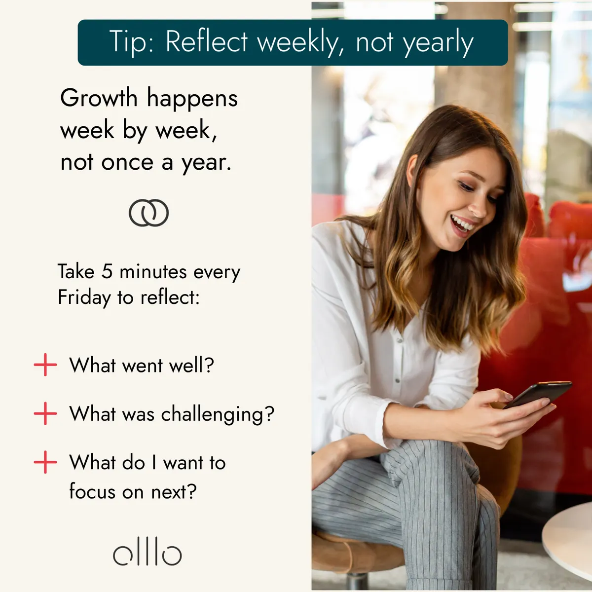 Olllo LinkedIn campaign slide: Tip — reflect weekly